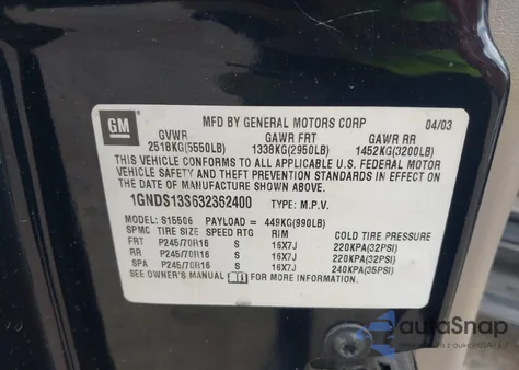 2003 Chevrolet Trailblazer Lt из США, поврежденный, VIN 1GNDS13S632362400